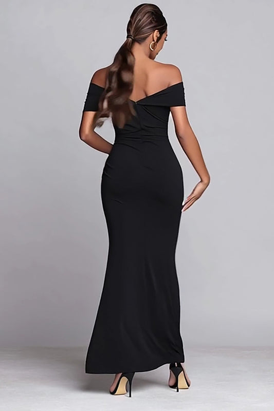 Black Off the Shoulder Mermaid Ruched Long Formal Dress with Slit