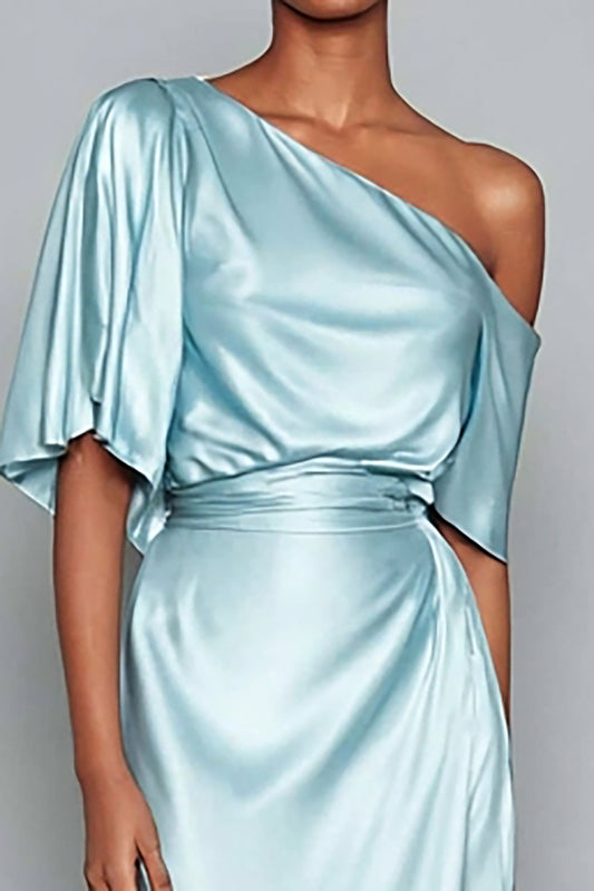 Light Blue One Shoulder Satin Mermaid Long Formal Dress with Sleeves