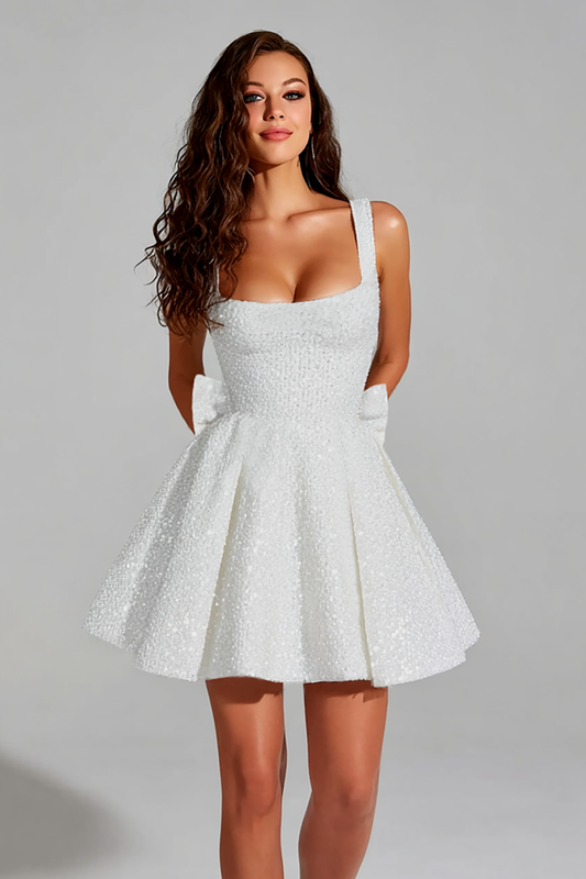 Sparkly Ivory Sequin Scoop A Line Short Homecoming Dress with Bow