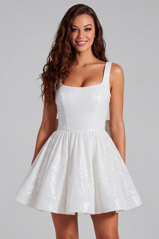 Sparkly Ivory Sequin Scoop A Line Short Homecoming Dress with Bow