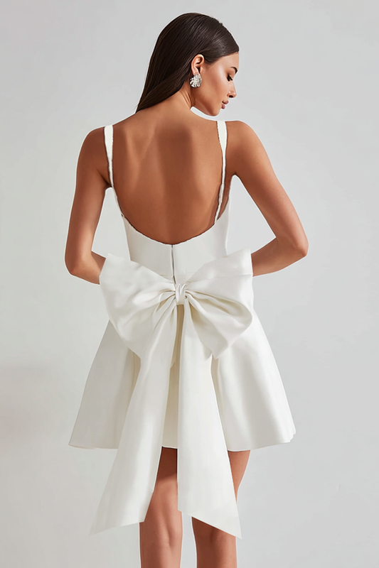 Ivory A Line Square Neck Short Homecoming Dress with Bow