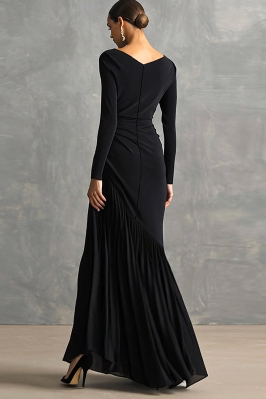 Black Boat Neck Mermaid Long Formal Dress with Sleeves