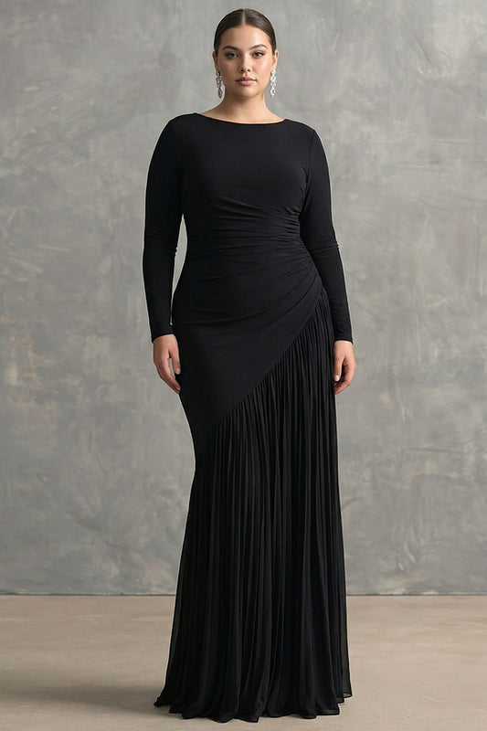 Plus Size Black Boat Neck Mermaid Long Formal Dress with Sleeves