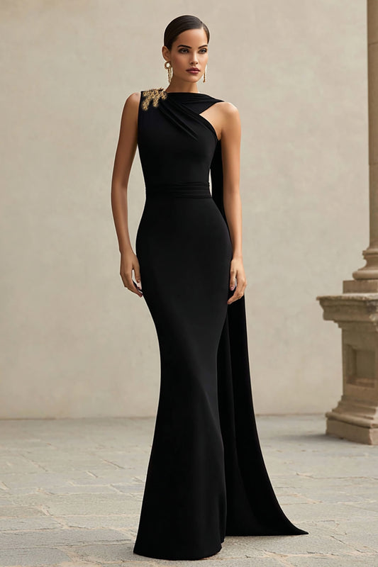 Black One Shoulder Mermaid Neck Scarf Long Formal Dress