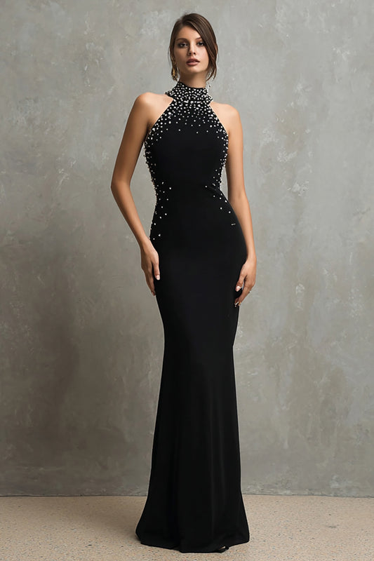 Sparkly Black Halter Mermaid Long Formal Dress with Beading