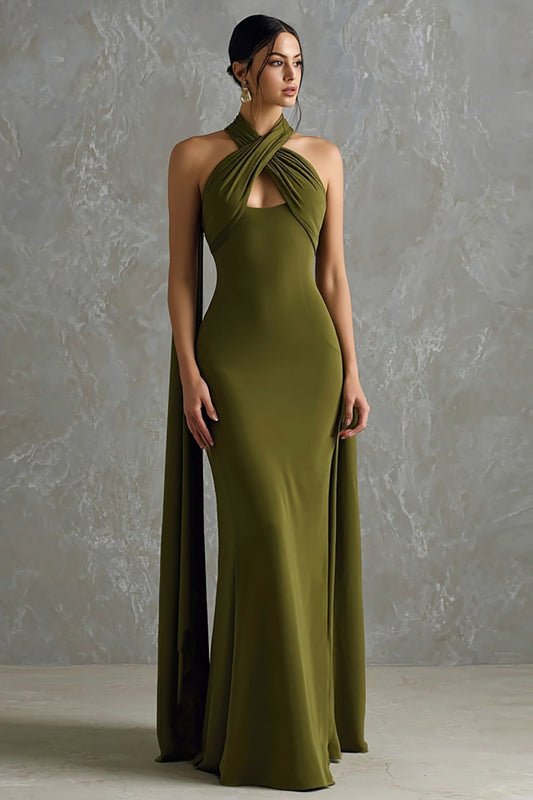 Olive Green Halter Neck Scarf Mermaid Long Formal Dress