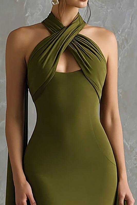 Olive Green Halter Neck Scarf Mermaid Long Formal Dress
