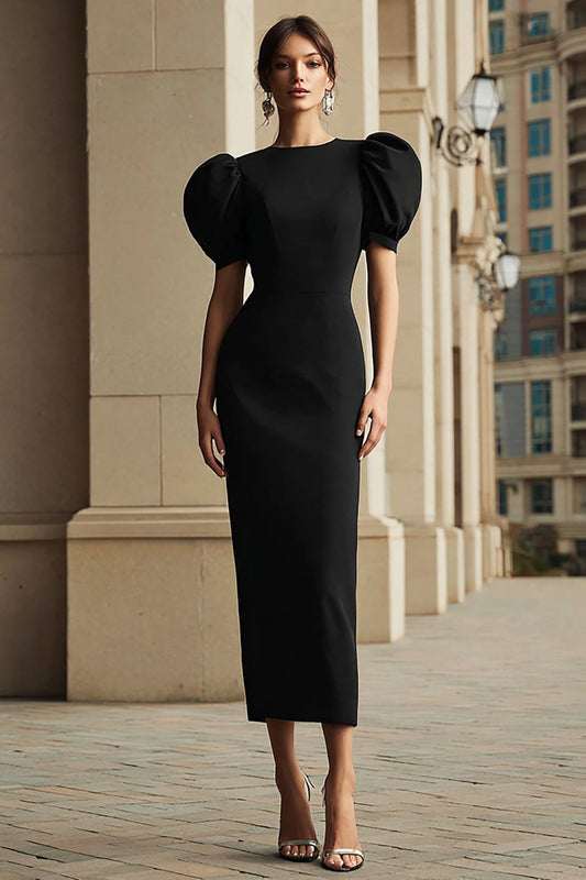 Black Round Neck Puff Sleeves Mermaid Tea Length Formal Dress