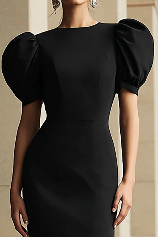 Black Round Neck Puff Sleeves Mermaid Tea Length Formal Dress
