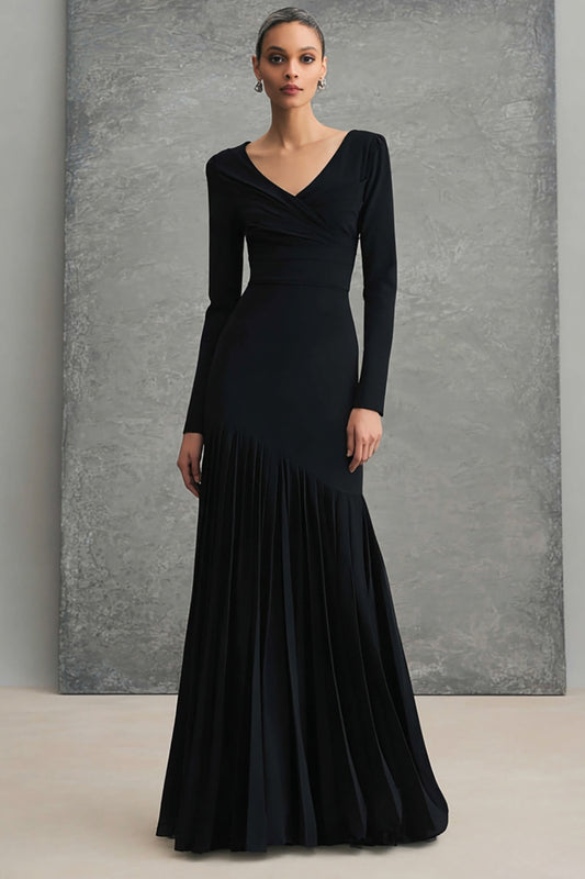Black V-Neck Long Sleeves Pleated Mermaid Long Formal Dress
