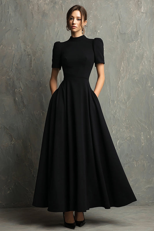 Zapaka Black High Neck Long Formal Dress with Pockets Short Sleeves A-Line Black Tie Dress