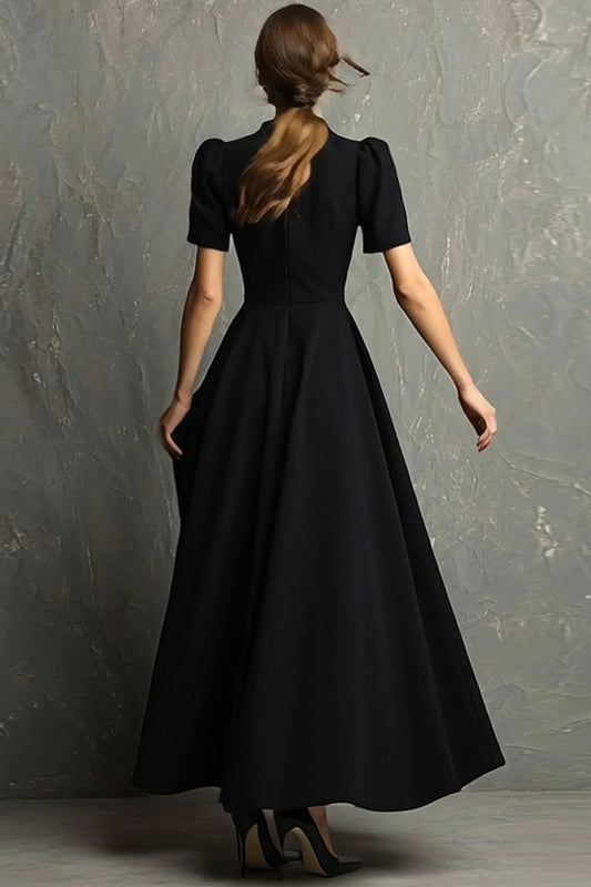 Black High Neck Short Sleeves A-Line Long Formal Dress with Pockets