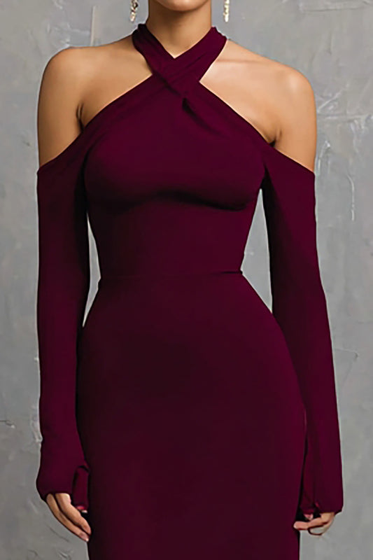 Burgundy Halter Long Sleeves Mermaid Long Formal Dress