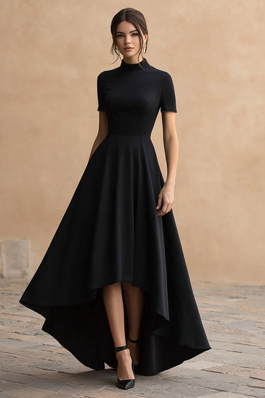 Black Satin High Neck A-Line Short Sleeves High-Low Formal Dress
