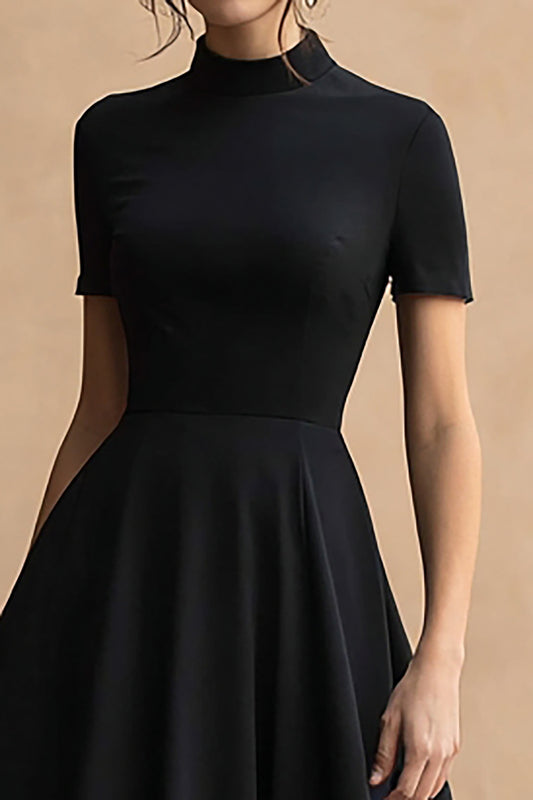 Black Satin High Neck A-Line Short Sleeves High-Low Formal Dress