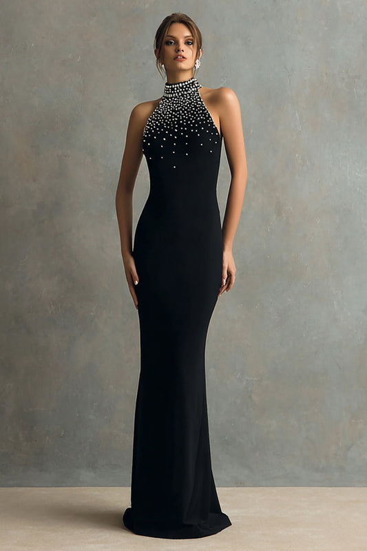 Sparkly Black Mermaid Halter Long Formal Dress with Beading
