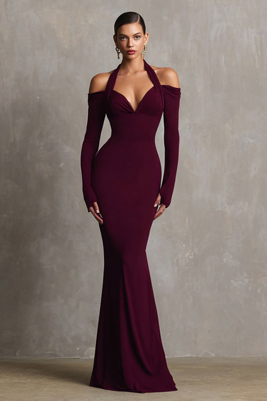 Burgundy Mermaid Halter Long Sleeves Long Formal Dress