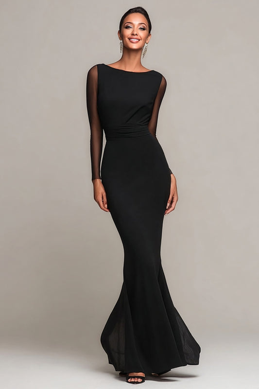 Black Boat Neck Mermaid Long Formal Dress with Sleeves