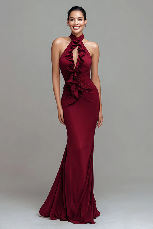 Burgundy Halter Mermaid Long Formal Dress with Ruffles