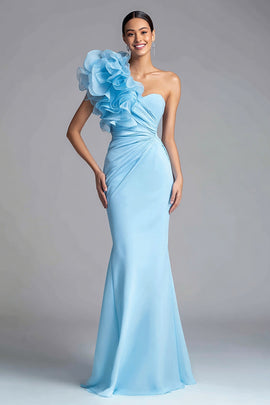 Light Blue One Shoulder Mermaid Long Formal Dress with 3D Flower