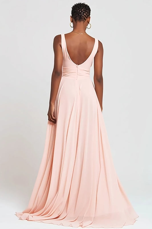 Pink V-Neck Chiffon A-Line Long Formal Dress with Slit
