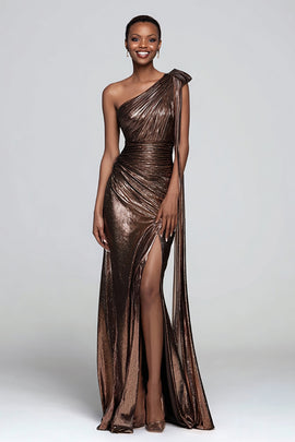 Sparkly Brown One Shoulder Metallic Mermaid Long Formal Dress with Slit