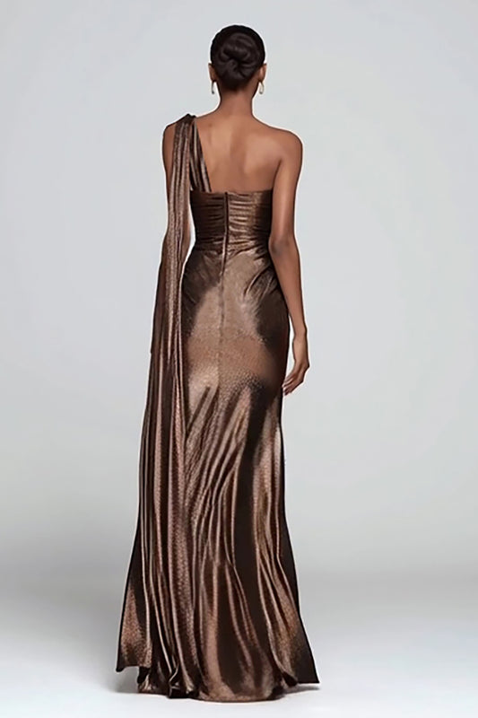 Sparkly Brown One Shoulder Metallic Mermaid Long Formal Dress with Slit