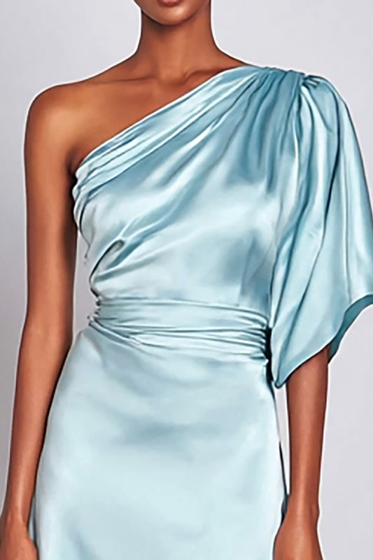Light Blue One Shoulder Satin Mermaid Long Formal Dress with Sleeves