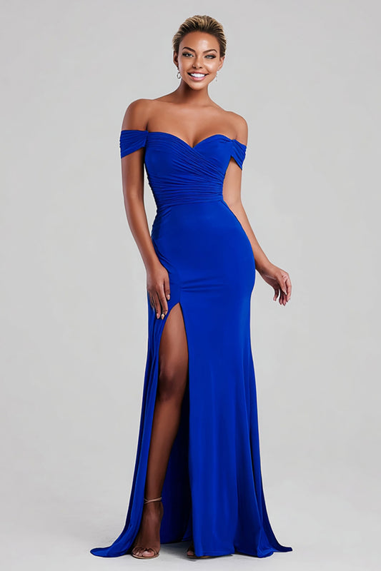 Royal Blue Off the Shoulder Mermaid Long Formal Dress with Slit