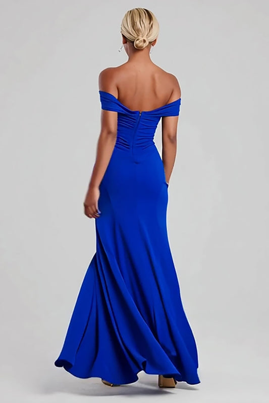 Royal Blue Off the Shoulder Mermaid Long Formal Dress with Slit