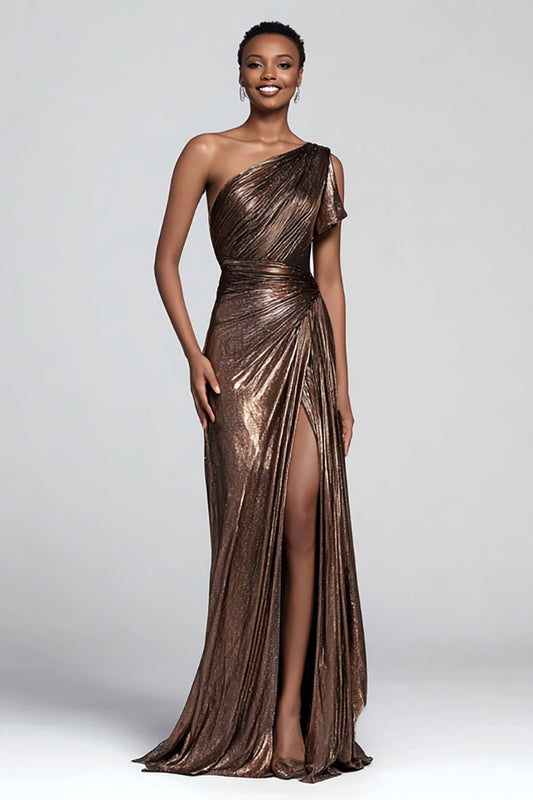 Sparkly Brown Metallic One Shoulder Mermaid Long Formal Dress with Slit