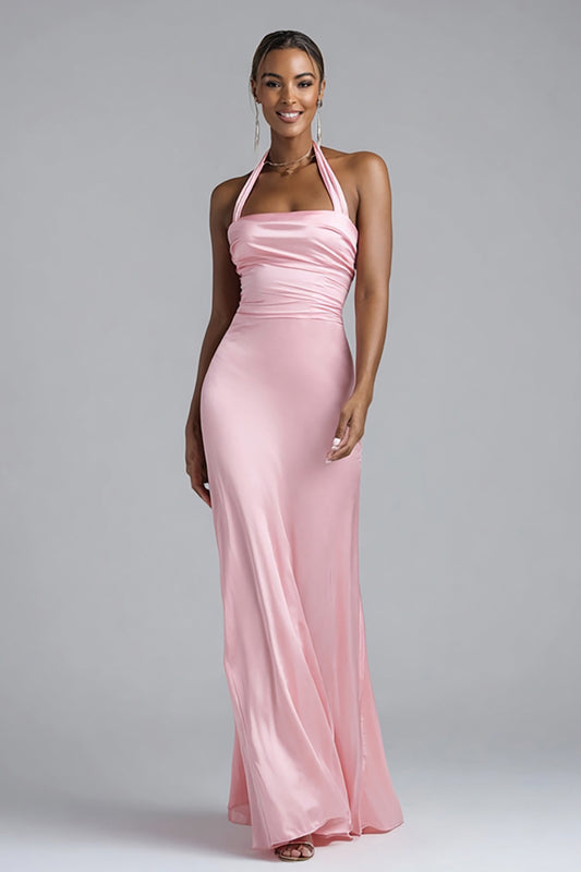 Pink Halter Satin Mermaid Long Formal Dress