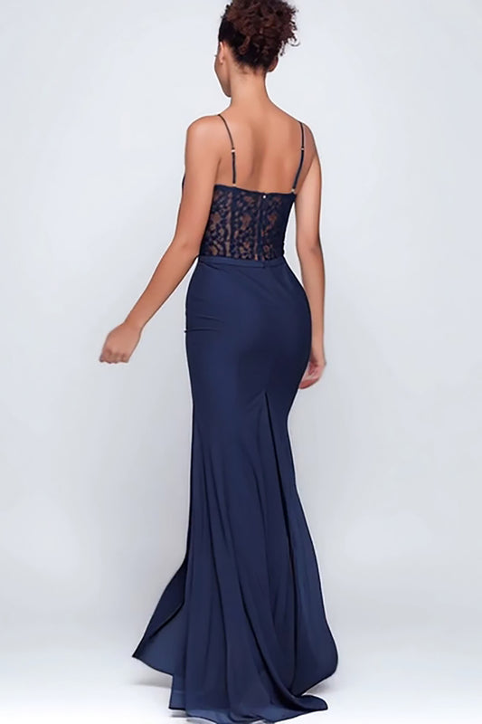 Navy Spaghetti Straps Lace Mermaid Long Formal Dress with Slit