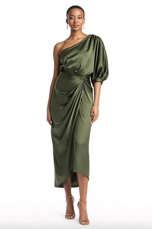 Olive One Shoulder Satin Mermaid Tea Length Formal Dress with Sleeves