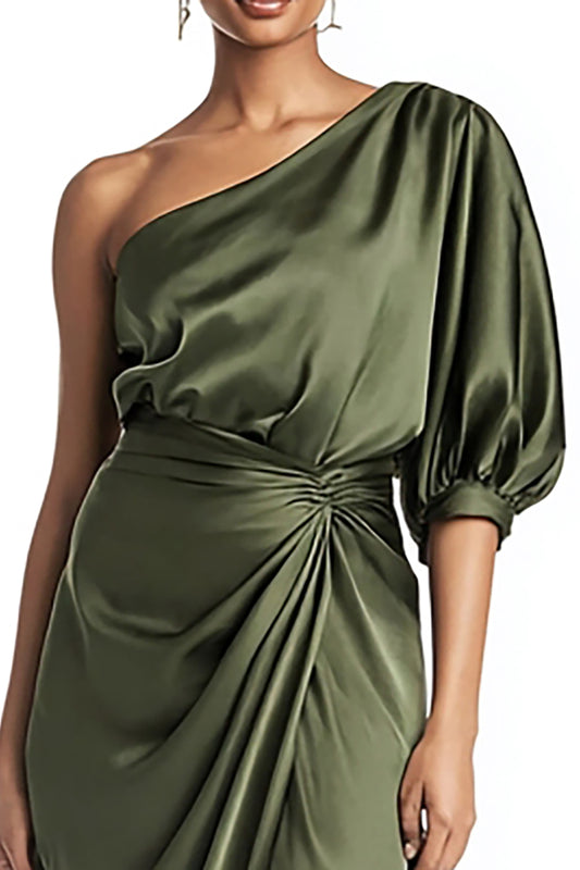 Olive One Shoulder Satin Mermaid Tea Length Formal Dress with Sleeves
