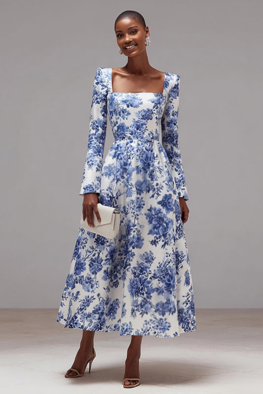 Blue and White Floral Square Neck A-Line Wedding Guest Dress with Sleeves