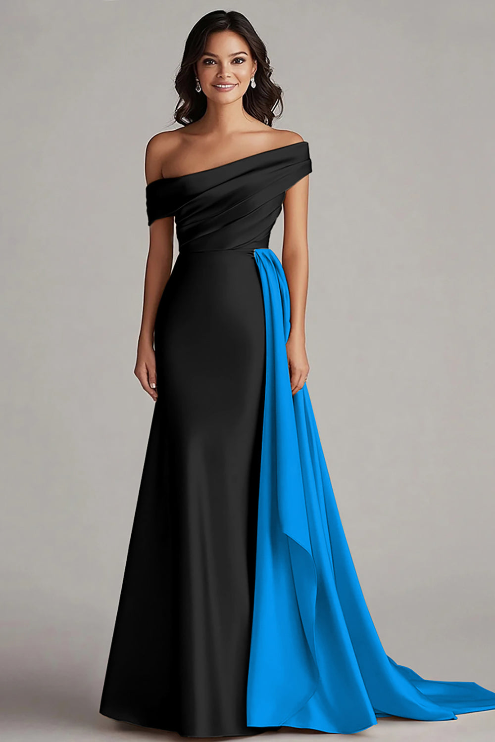 Zapakasa Women Black and Blue Satin Long Formal Dress with Side Cape Mermaid Ruched Off the Shoulder Evening Dress Zapakasa Women Black and Blue Satin Long Formal Dress with Side Cape Mermaid Ruched Off the Shoulder Evening Dress