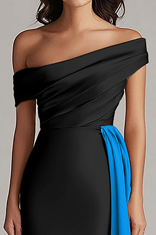 Black and Blue Satin Mermaid Off the Shoulder Long Formal Dress