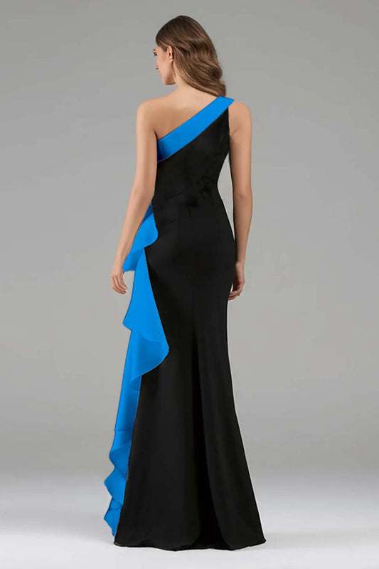 Black and Blue One Shoulder Long Formal Dress with Ruffles