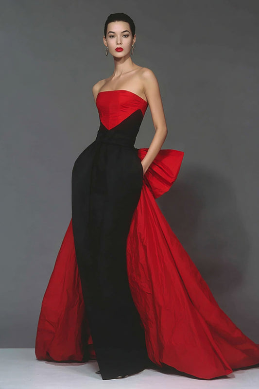 Black and Red Strapless Mermaid Long Formal Dress with Cape