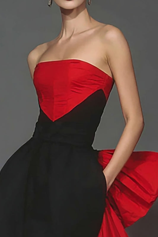 Black and Red Strapless Mermaid Long Formal Dress with Cape