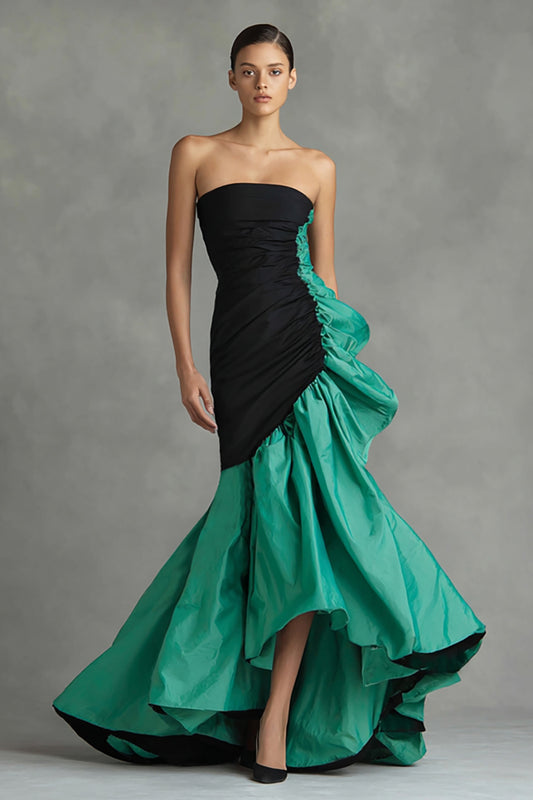 Black and Green Strapless Mermaid Long Formal Dress with Ruffles