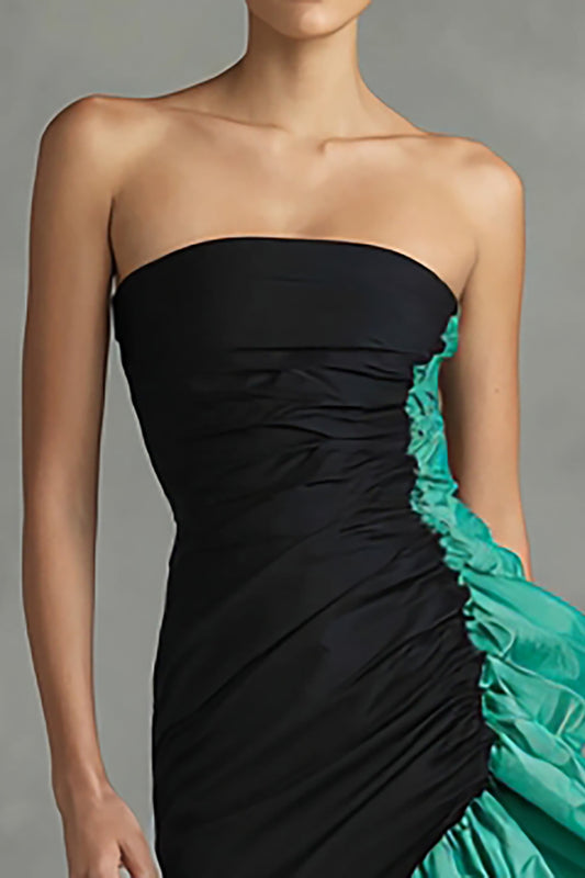 Black and Green Strapless Mermaid Long Formal Dress with Ruffles