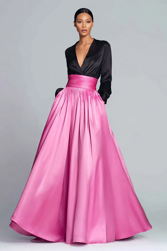 Black and Fuchsia Satin V-Neck A-Line Long Formal Dress with Sleeves