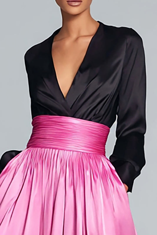 Black and Fuchsia Satin V-Neck A-Line Long Formal Dress with Sleeves