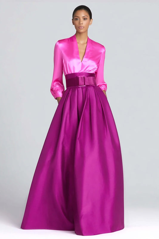 Fuchsia and Mangenta Satin V-Neck A-Line Long Formal Dress with Sleeves