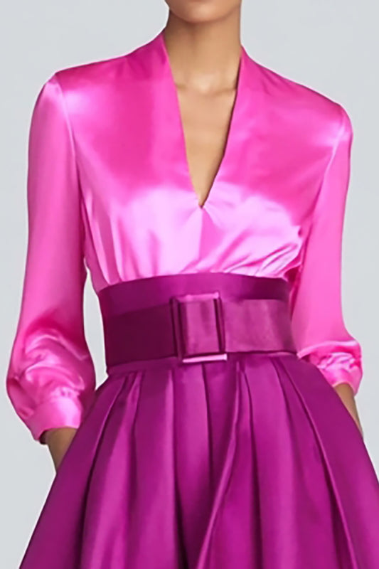 Fuchsia and Mangenta Satin V-Neck A-Line Long Formal Dress with Sleeves