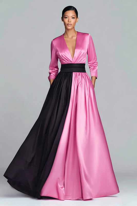 Black and Fuchsia A-Line V-Neck Satin Long Formal Dress with Sleeves