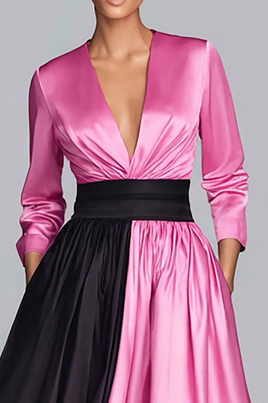 Black and Fuchsia A-Line V-Neck Satin Long Formal Dress with Sleeves