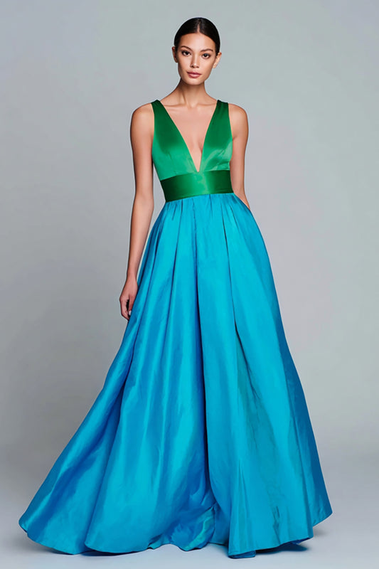 Green and Blue A-Line V-Neck Satin Long Formal Dress